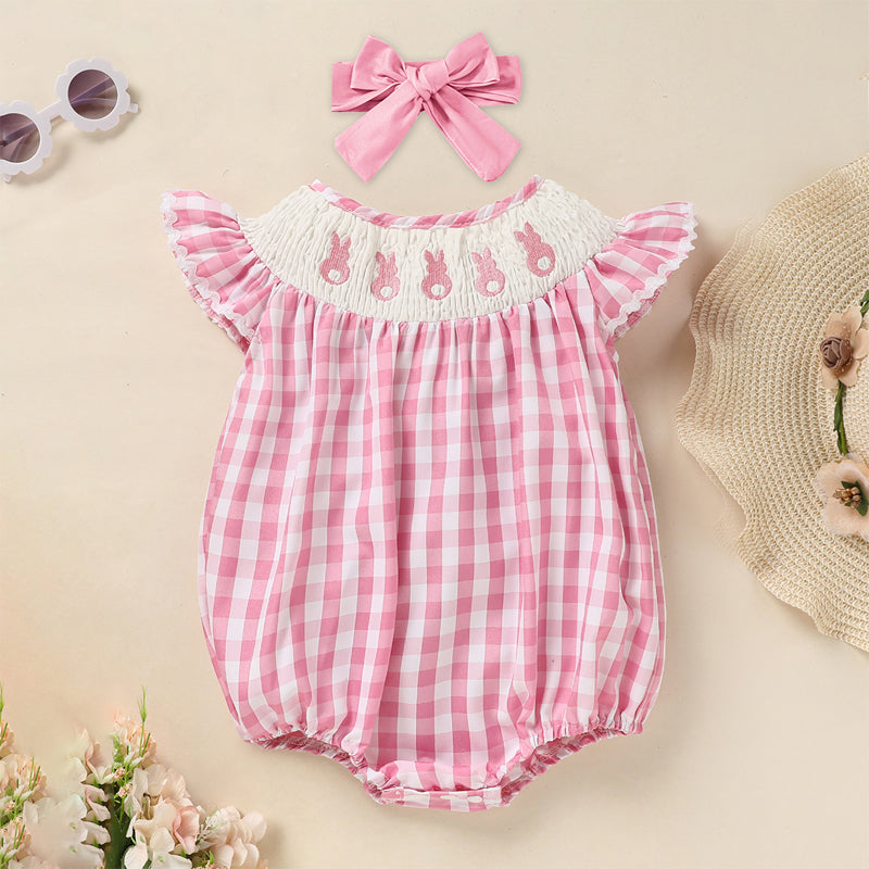 Baby Girl Bunny Romper Set – Cute Pink Checkered Outfit with Headband