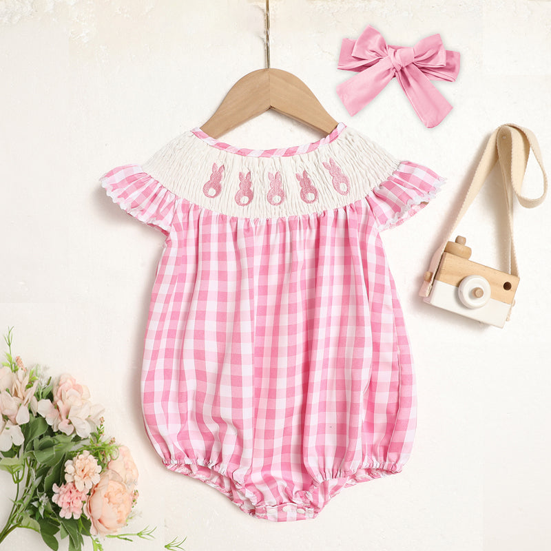 Baby Girl Bunny Romper Set – Cute Pink Checkered Outfit with Headband