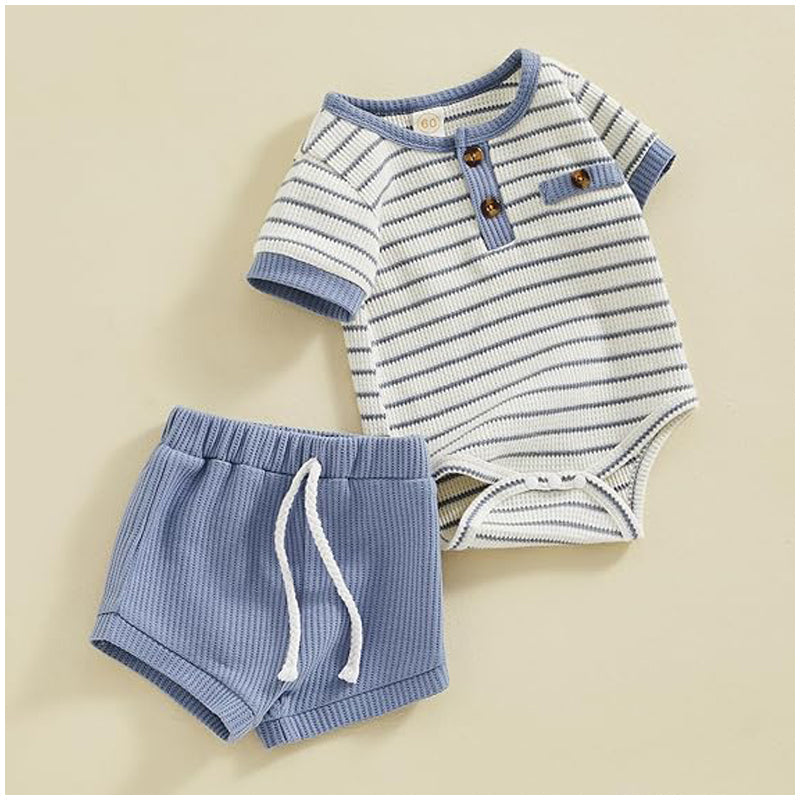Baby Boy Summer Outfit – Soft Waffle Romper & Shorts Set