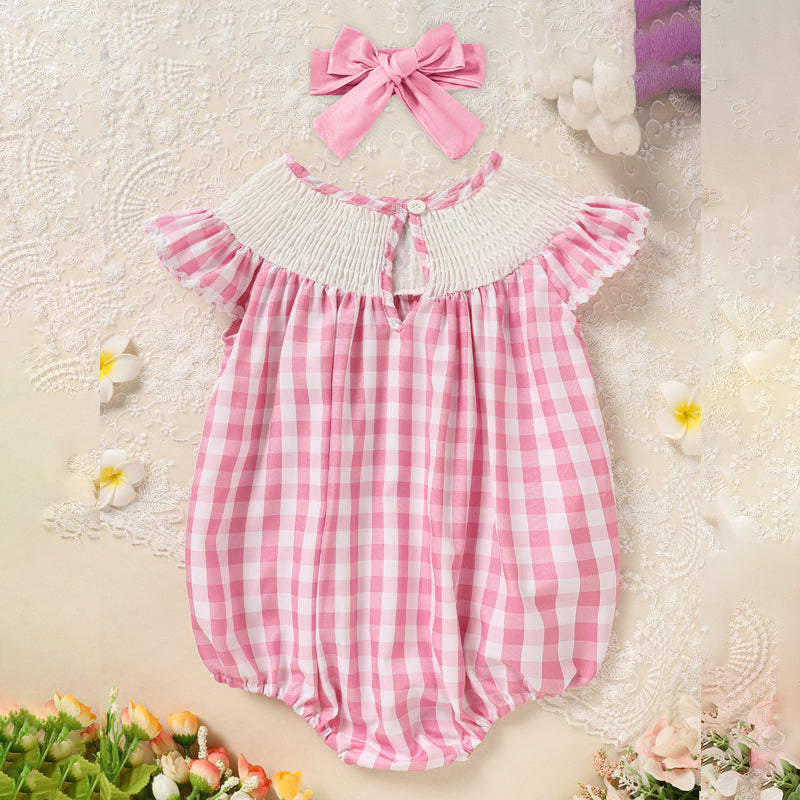 Baby Girl Bunny Romper Set – Cute Pink Checkered Outfit with Headband