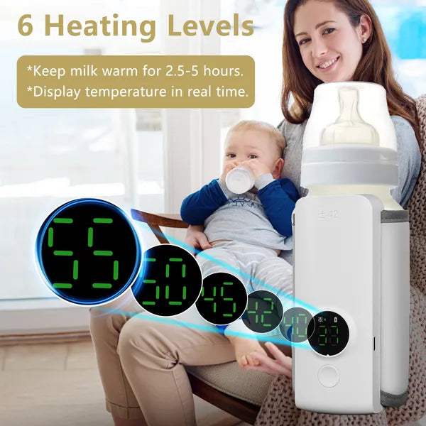 Portable Baby Bottle Warmer – USB Rechargeable, 6 Heat Levels, Keeps Milk Warm 5hrs